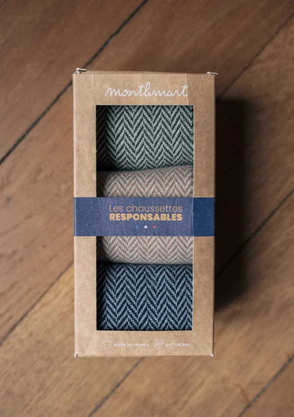 Bio-Baumwolle Sockenbox Grau, Grün und Blau