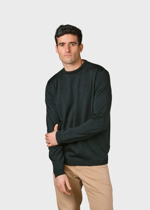 Dünner olivgrüner Strickpullover aus Merinowolle