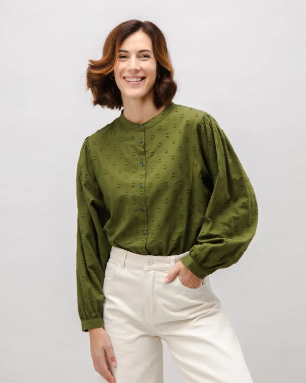 Grüne Polka-Dot Boho-Bluse