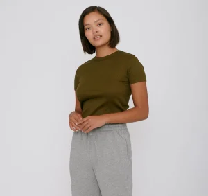 Olivgrünes, geripptes Damen-T-Shirt