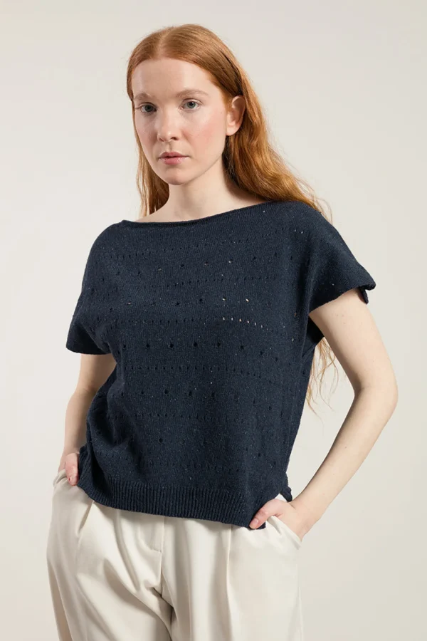Perforiertes Damen Top aus recyceltem denim Dori Schwarz