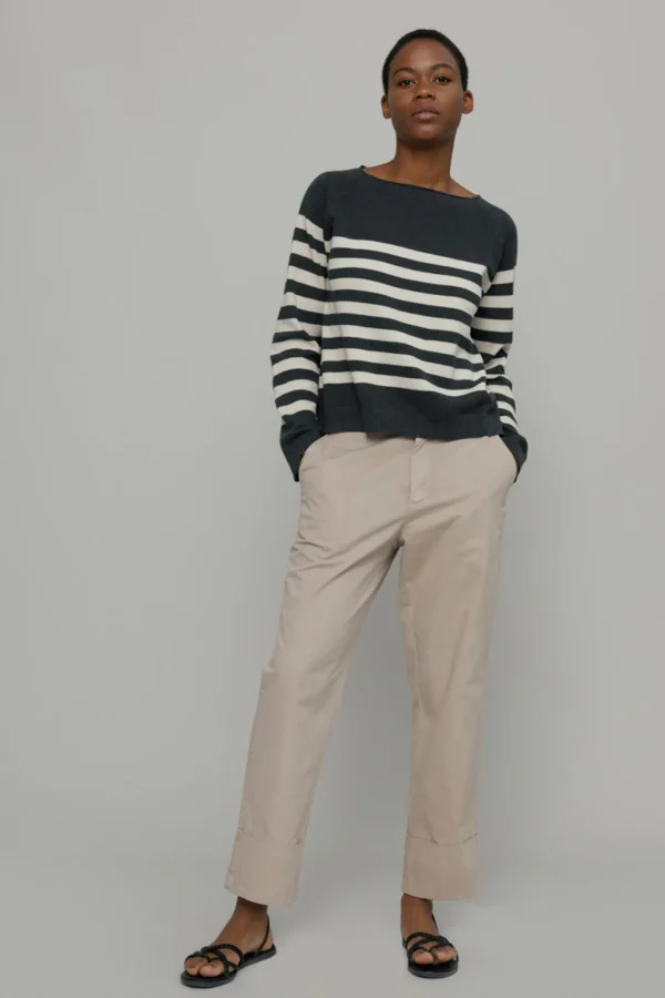 Susi Grau gestreifter Baumwollpullover