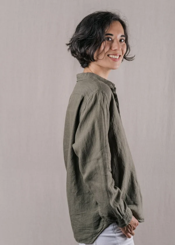 Damen Leinen-Hemd Essentielle Khaki
